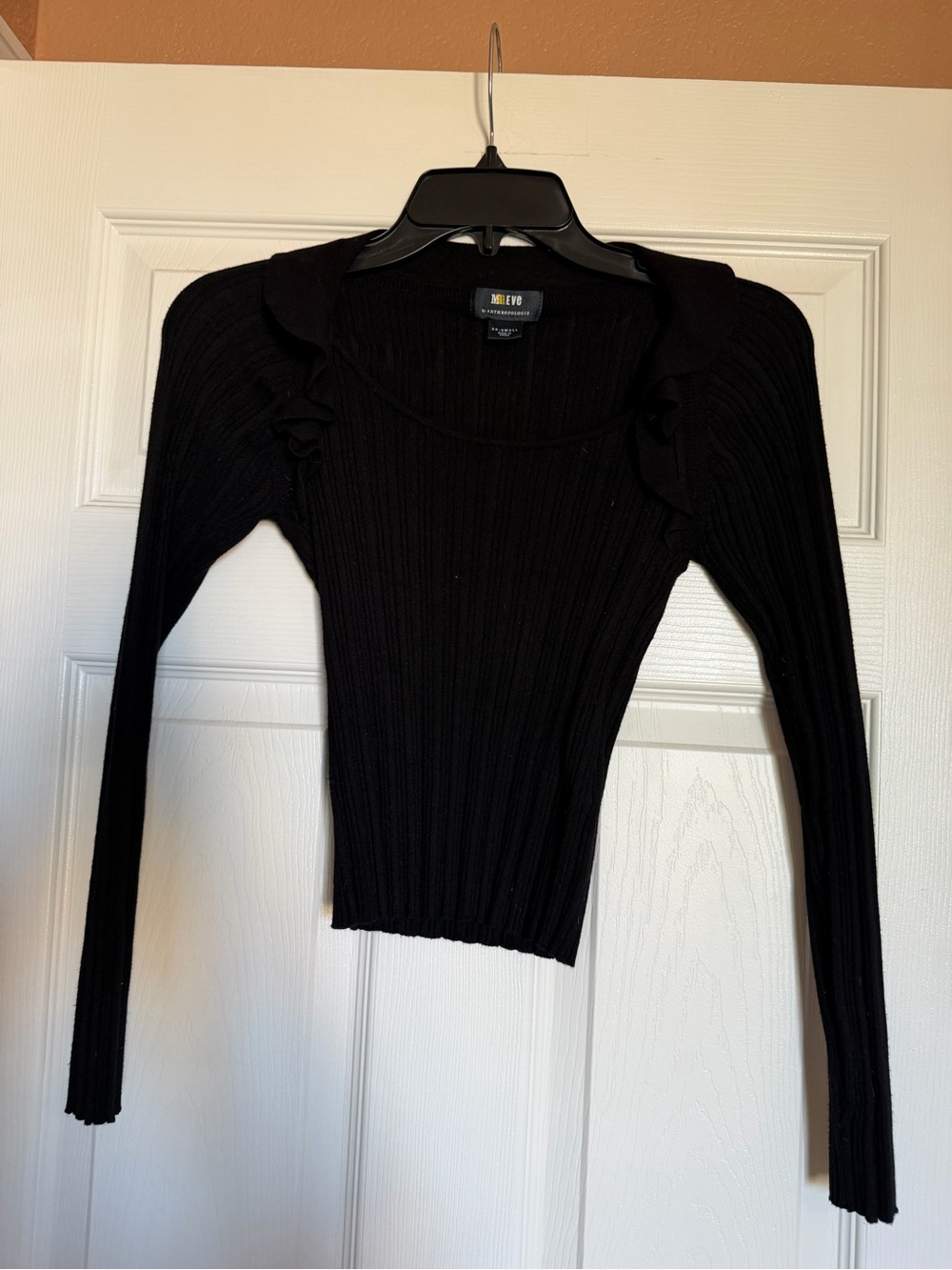 Anthropology Ribbed Long-Sleeve Top with Shoulder Ruffles